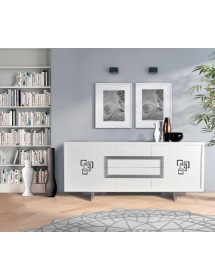 CREDENZA IN FRASSINO 2 PORTE LACCATO BIANCO PORO APERTO PIEDI A SCI...