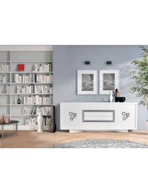 CREDENZA IN FRASSINO 2 PORTE LACCATO BIANCO PORO APERTO PIEDI A SCI...