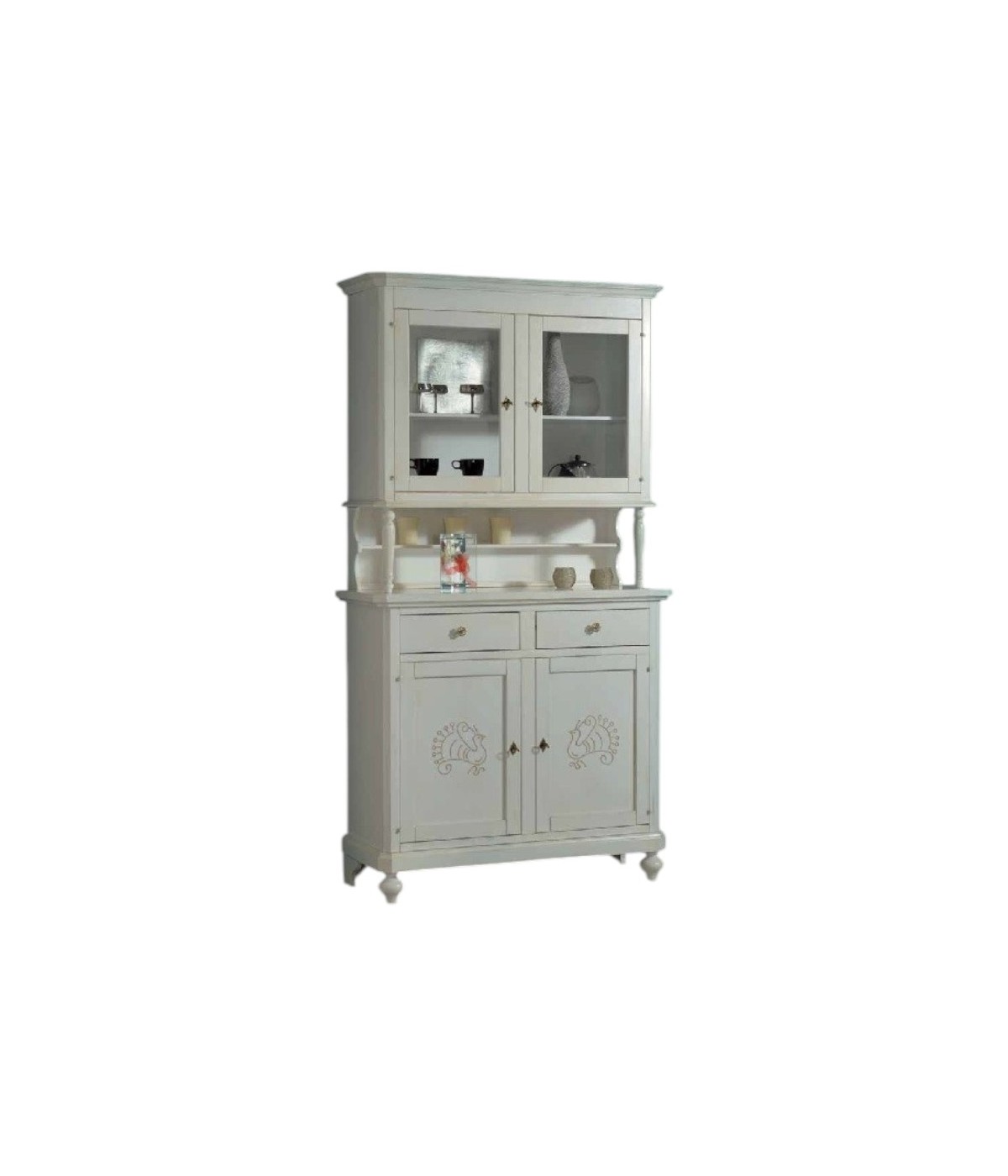 MOBILI 2G - Cristalliera 2 porte legno shabby bianco invecchiato pavoncella 112x49x206 vista frontale