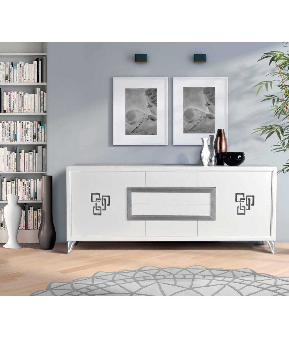 MOBILI 2G - CREDENZA IN FRASSINO 2 PORTE LACCATO BIANCO PORO APERTO - ARGENTO CON ZOCCOLO L.210 P.50 H.85