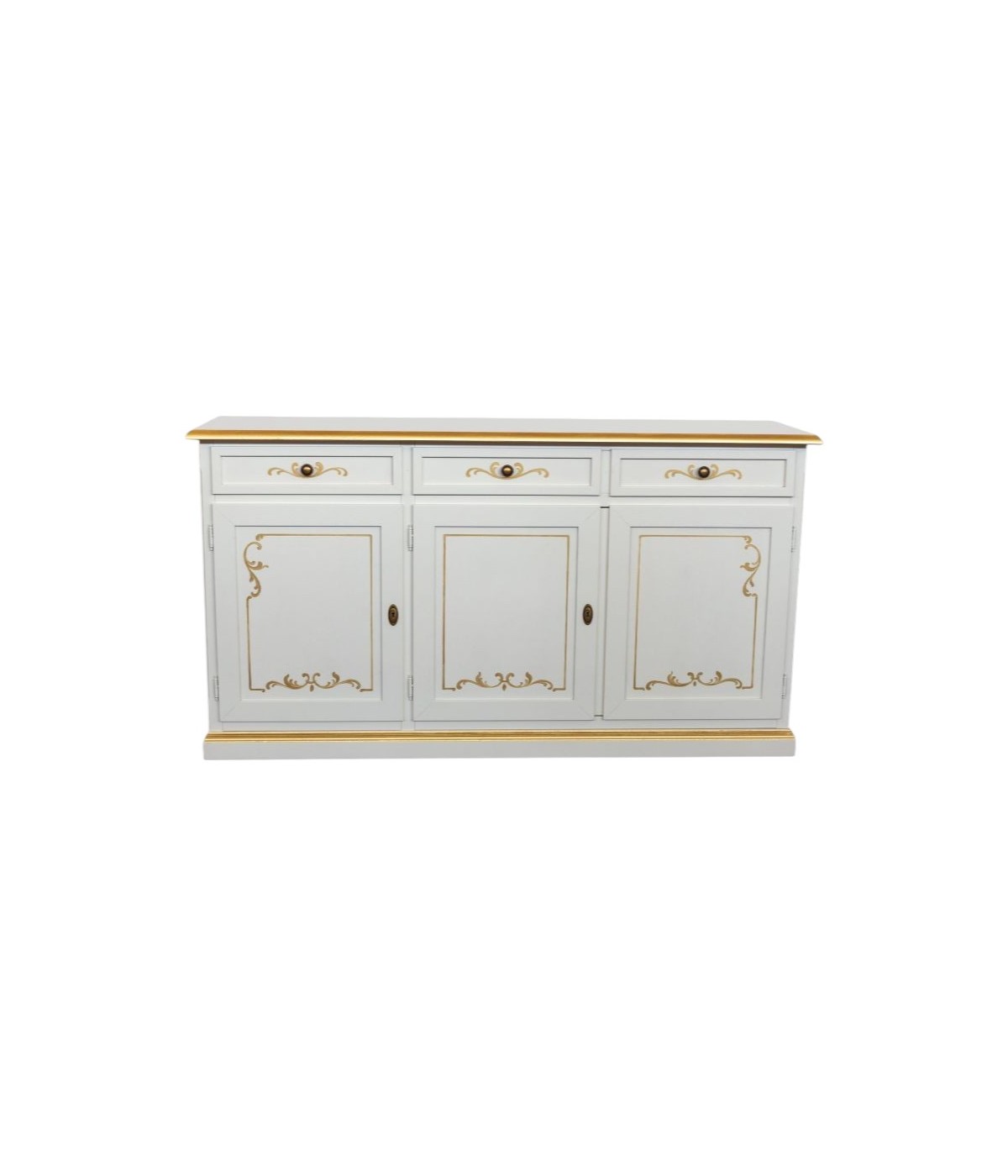 MOBILI 2G - Credenza 3 porte legno shabby avorio decori filo oro 156X42X86 vista frontale