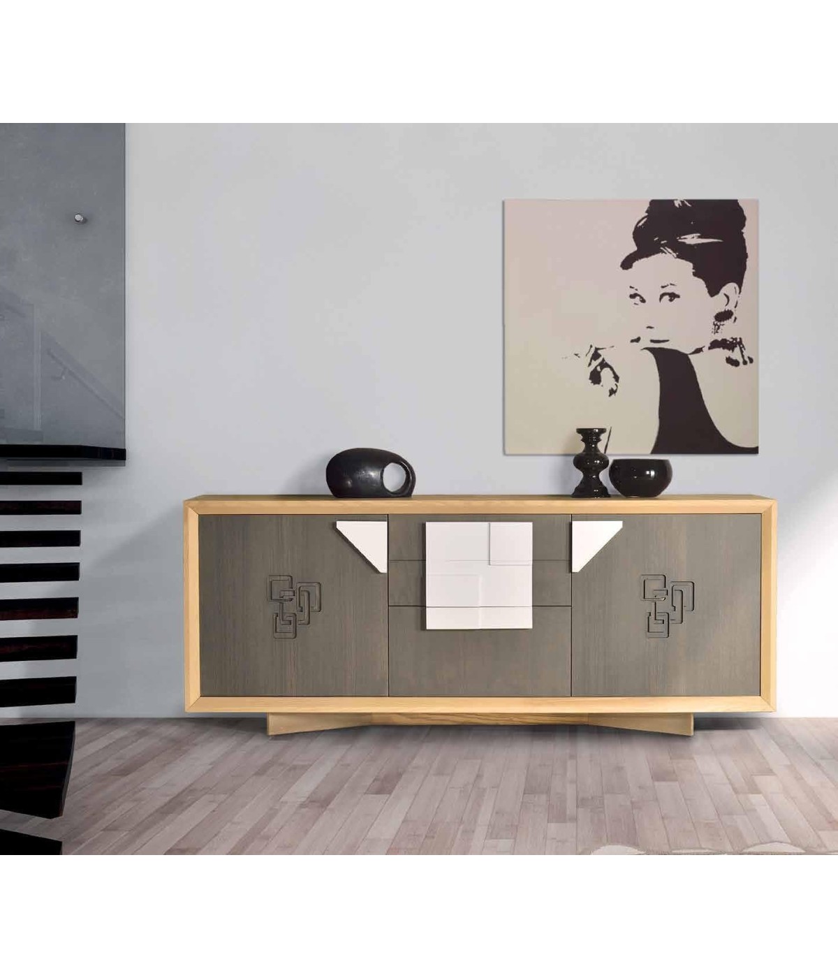 CREDENZA FRASSINO ANTRACITE PORO APERTO 2 PORTE CON ZOCCOLO L.210 P...