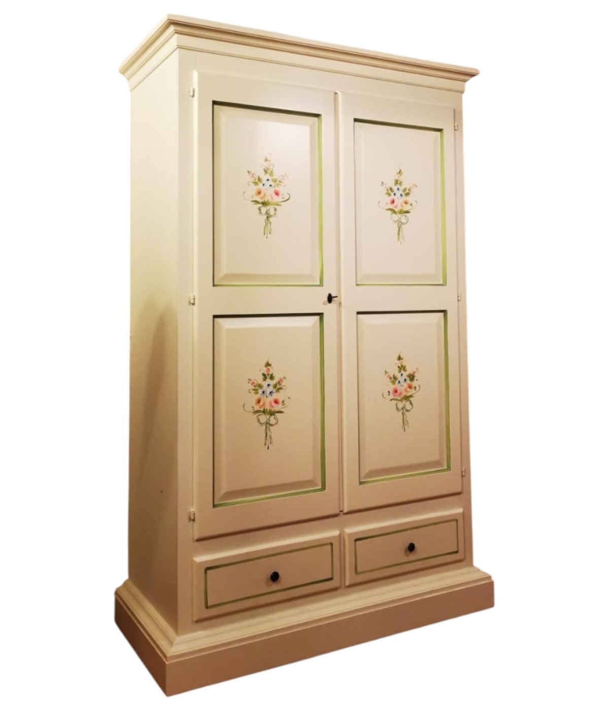 MOBILI 2G - ARMADIO 2 PORTE LEGNO SHABBY AVORIO DECORATO FILO VERDE 125X61X200 VISTA FRONTALE