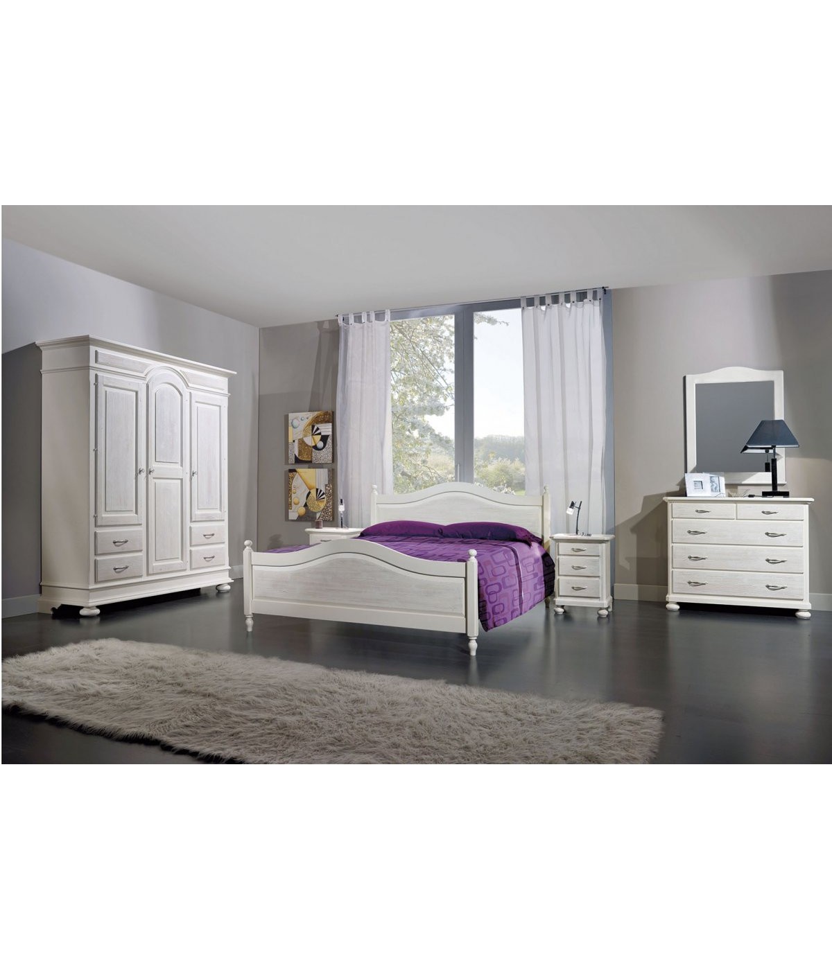 MOBILI 2G - Camera da letto completa legno shabby chic bianco opaco/bianco invecchiato vista frontale