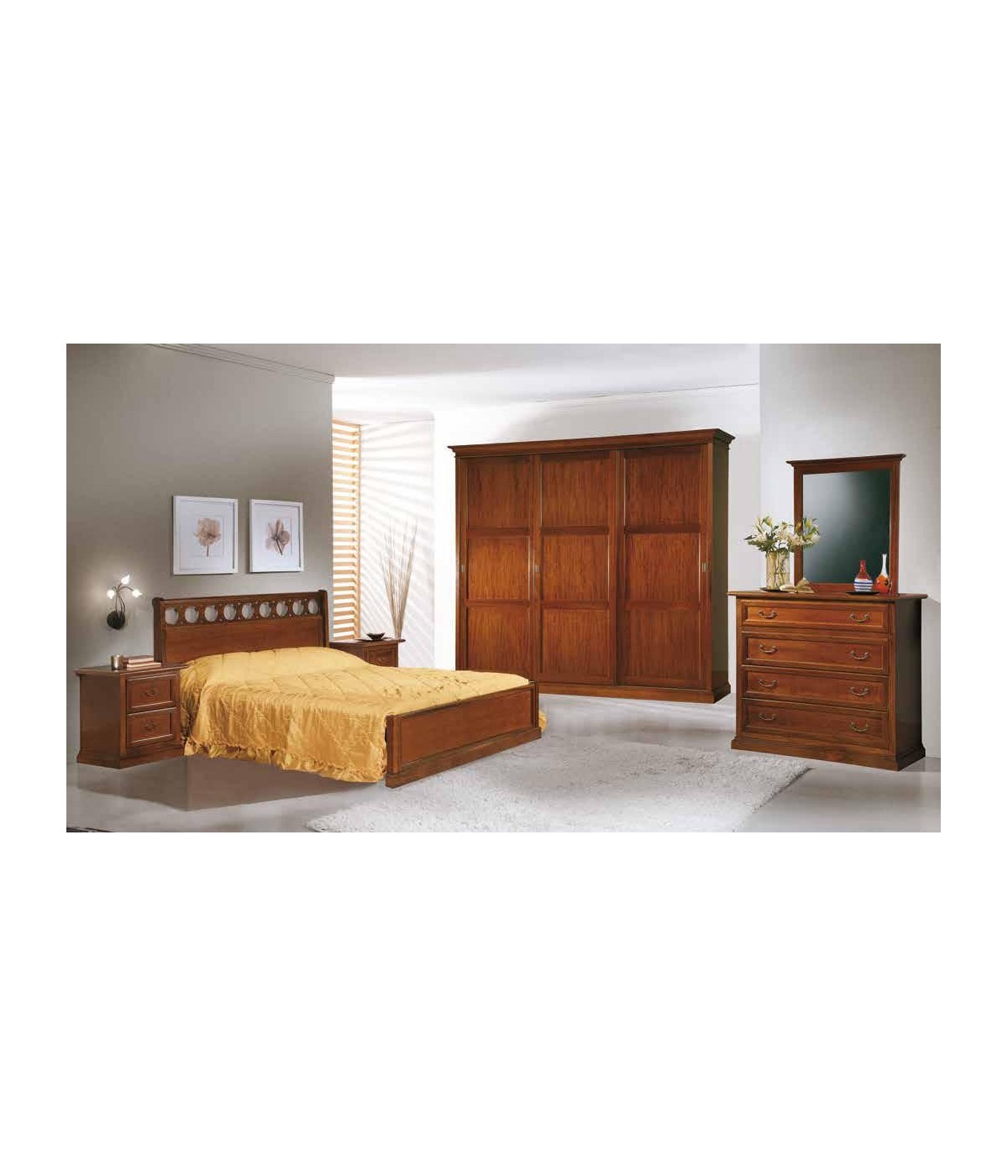 MOBILI 2G - CAMERA COMPLETA IN LEGNO MASSELLO ARTE POVERA TINTA NOCE vista totale completa