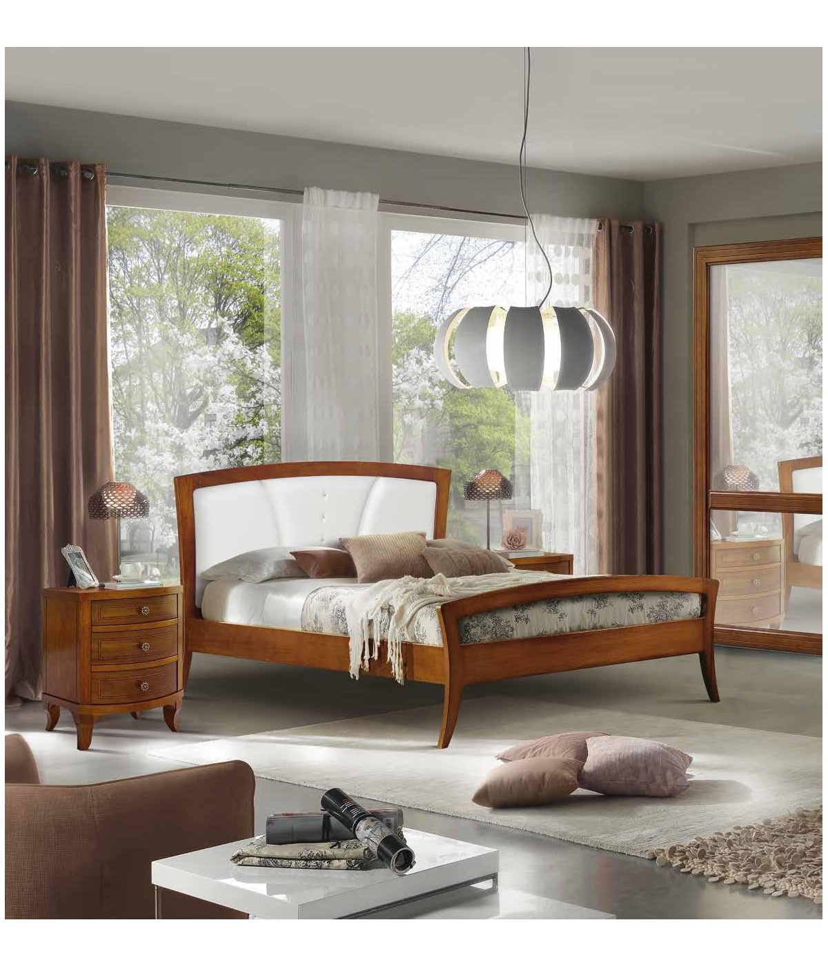 Letto classico legno sagomato tinta noce testata ecopelle 184x210x120 VISTA FRONTALE