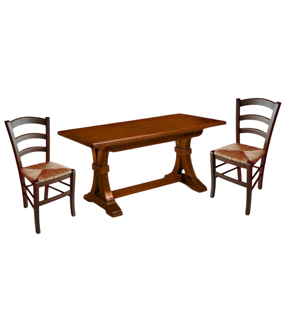 Set tavolo fratino 160X85 180x85 180x100 arte povera allungabile con 6 sedie legno seduta paglia vista frontale