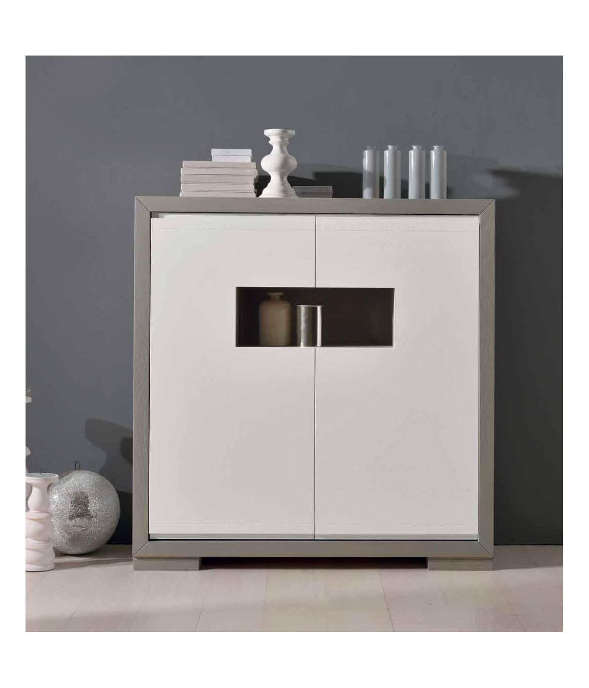 CREDENZA ALTA IN FRASSINO ANTRACITE 2 PORTE E VANO A GIORNO CON PIE...