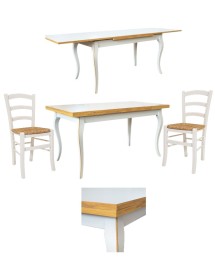 Set tavolo rettangolare shabby 100x70 120x80 140x80 160x85 allungabile con 4/6 sedie legno seduta paglia