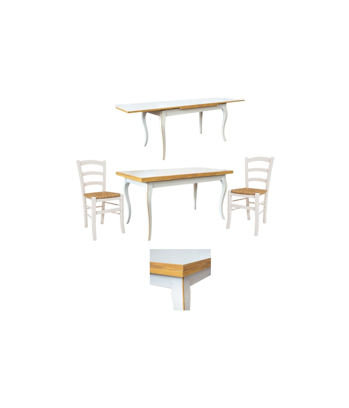 Set tavolo rettangolare shabby 100x70 120x80 140x80 160x85 allungabile con 4/6 sedie legno seduta paglia