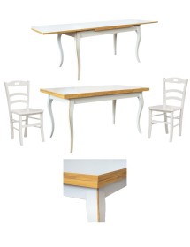 Set tavolo rettangolare shabby 100x70 120x80 140x80 160x85 allungabile con 4/6 sedie legno seduta legno vista frontale