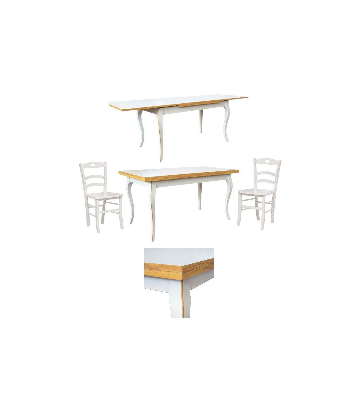 Set tavolo rettangolare shabby 100x70 120x80 140x80 160x85 allungabile con 4/6 sedie legno seduta legno vista frontale