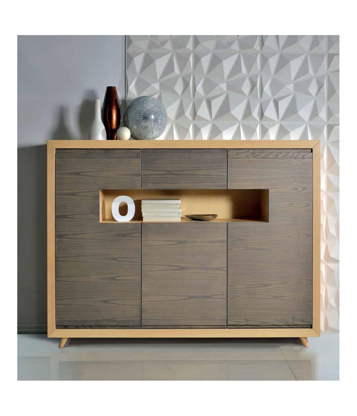 CREDENZA ALTA IN FRASSINO NATURALE 3 PORTE E VANO A GIORNO CON PIED...