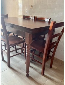 Set tavolo tinta noce gamba tornita 100x70 120x80 140x80 160x85 allungabile con 4/6 sedie seduta paglia