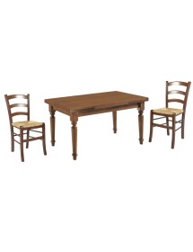 Set tavolo tinta noce gamba tornita 100x70 120x80 140x80 160x85 allungabile con 4/6 sedie seduta paglia