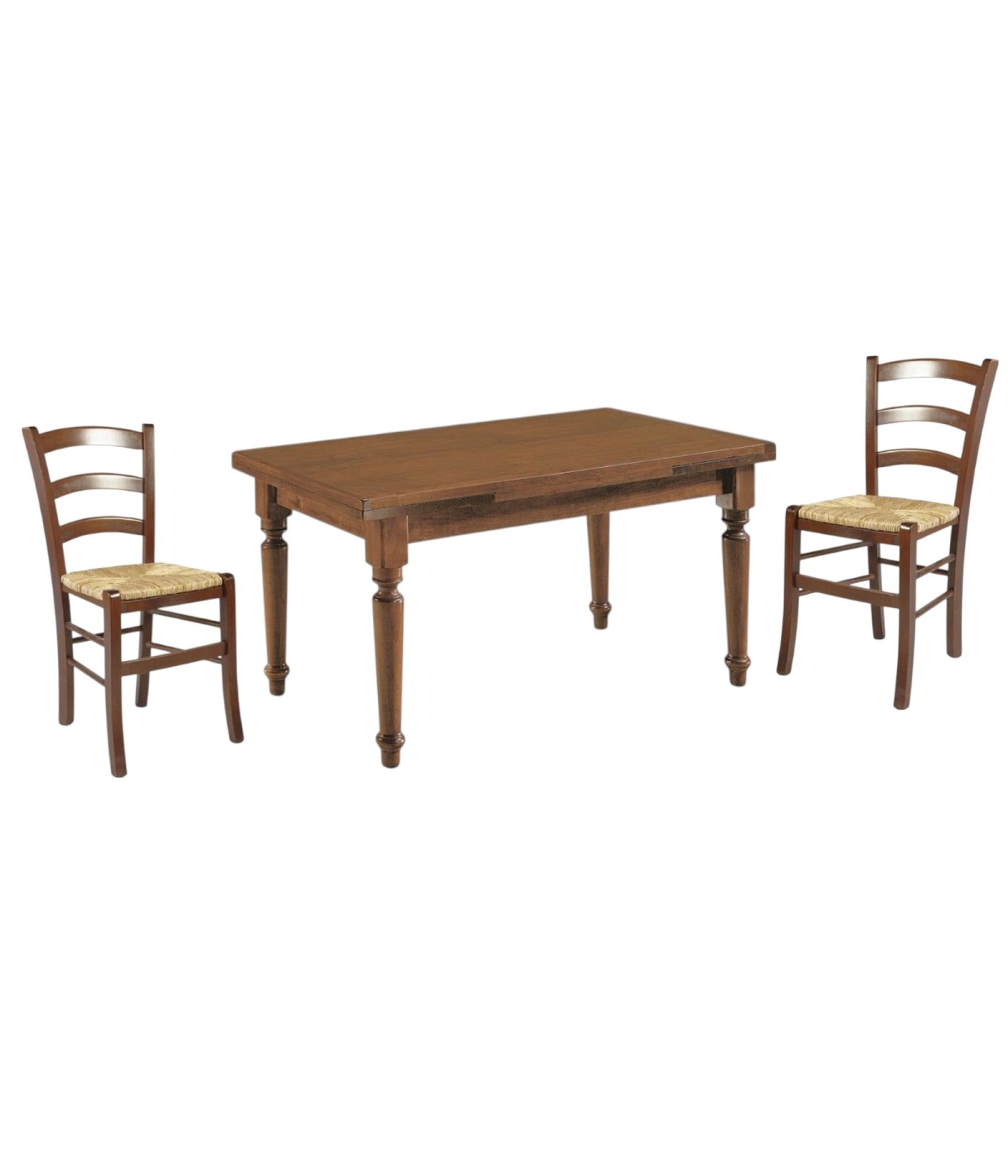 Set tavolo tinta noce gamba tornita 100x70 120x80 140x80 160x85 allungabile con 4/6 sedie seduta paglia