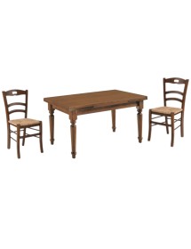 Set tavolo tinta noce gamba tornita 100x70 120x80 140x80 160x85 allungabile con 4/6 sedie seduta paglia
