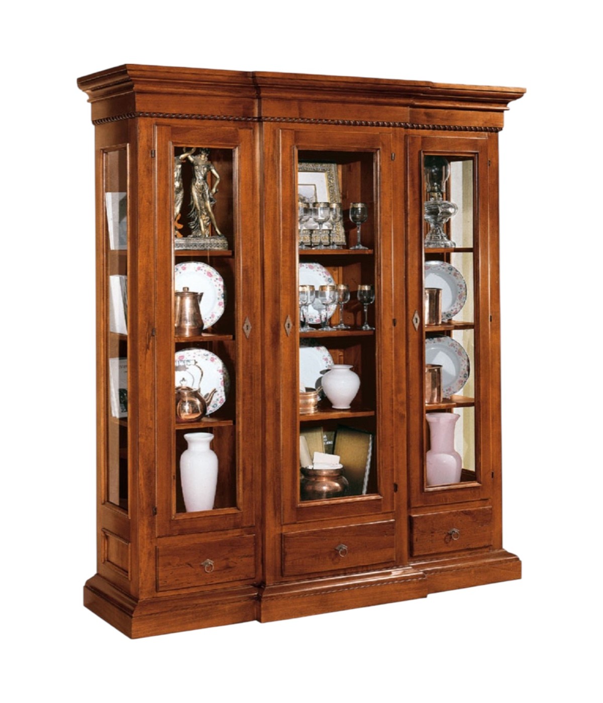 MOBILI 2G - VETRINA 3 PORTE IN LEGNO ARTE POVERA TINTA NOCE 179x49X200