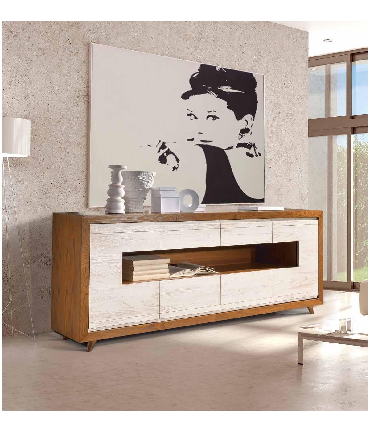 CREDENZA IN FRASSINO BIANCO PATINATO SEMILUCIDO 2 PORTE 4 CASSETTI ...