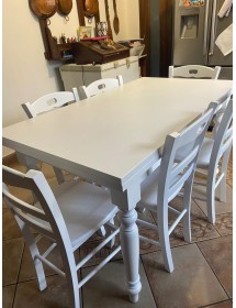 Set tavolo bianco gamba tornita 100x70 120x80 130x85 140x80 160x85 allungabile con 4/6 sedie seduta paglia vista frontale