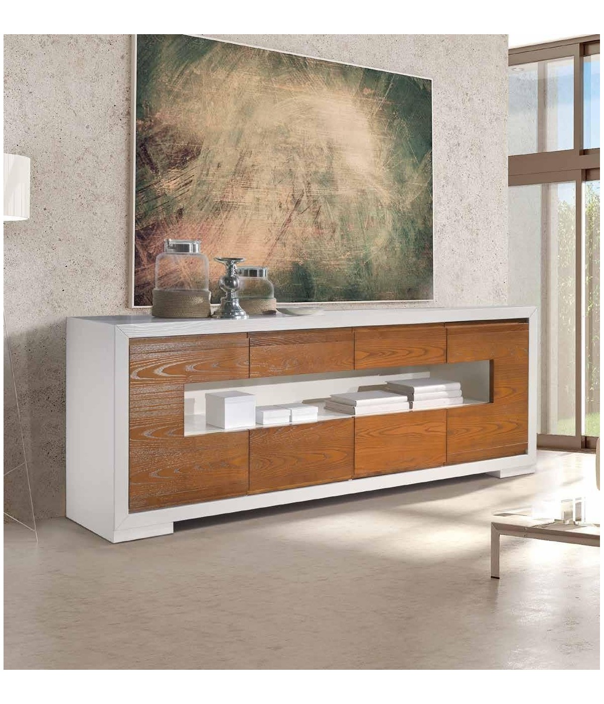 CREDENZA IN FRASSINO CHIARO PATINATO SEMILUCIDO 2 PORTE 4 CASSETTI ...