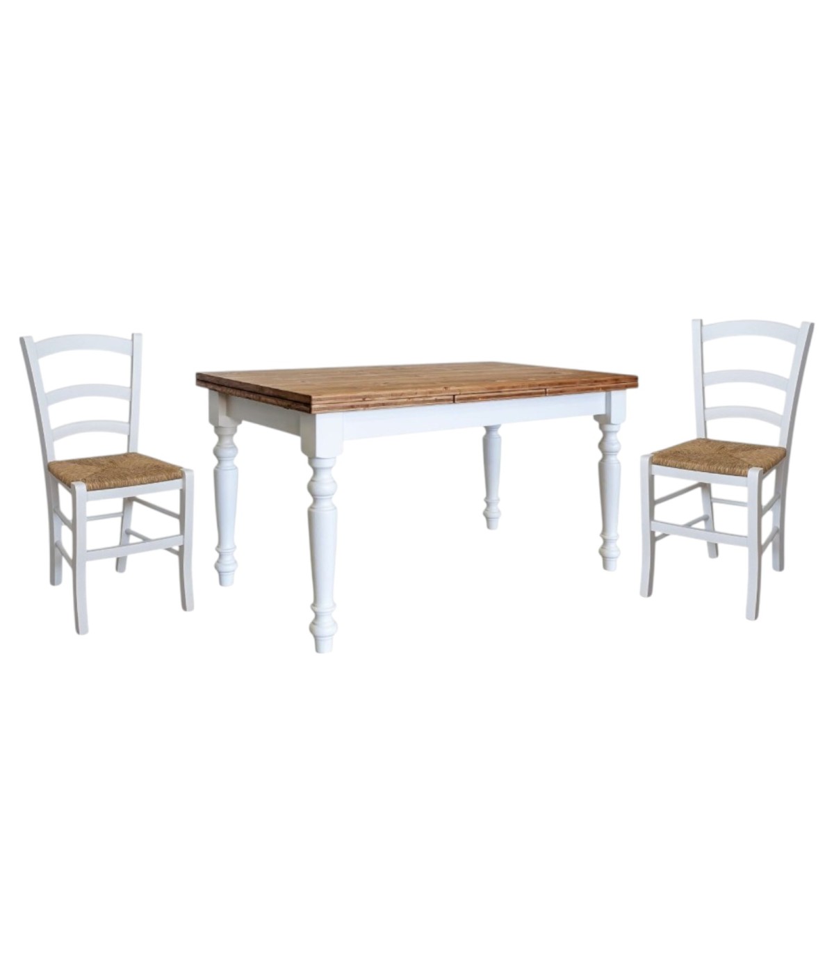 Set tavolo shabby gamba tornita 100x70 120x80 130x85 140x80 160x85 allungabile con 4/6 sedie seduta paglia VISTA FRONTALE