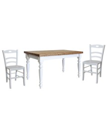 Set tavolo shabby gamba tornita 100x70 120x80 130x85 140x80 160x85 allungabile con 4/6 sedie seduta legno vista frontale