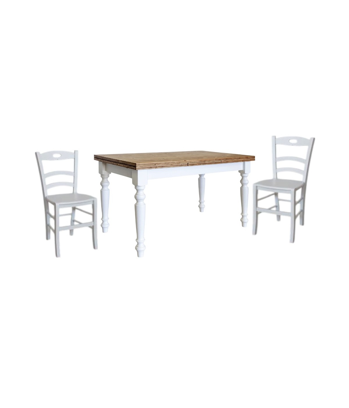 Set tavolo shabby gamba tornita 100x70 120x80 130x85 140x80 160x85 allungabile con 4/6 sedie seduta legno vista frontale