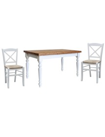 Set tavolo shabby gamba tornita 100x70 120x80 130x85 140x80 160x85 allungabile con 4/6 sedie seduta paglia VISTA FRONTALE