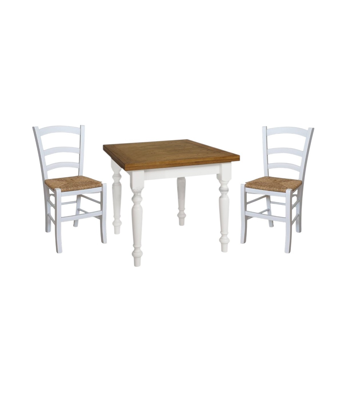 Set tavolo quadrato shabby gamba tornita 90x90 100x100 allungabile con 4/6 sedie seduta paglia VISTA FRONTALE