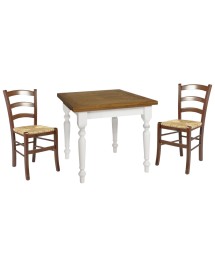 Set tavolo quadrato shabby gamba tornita 90x90 100x100 allungabile con 4/6 sedie seduta paglia VISTA FRONTALE