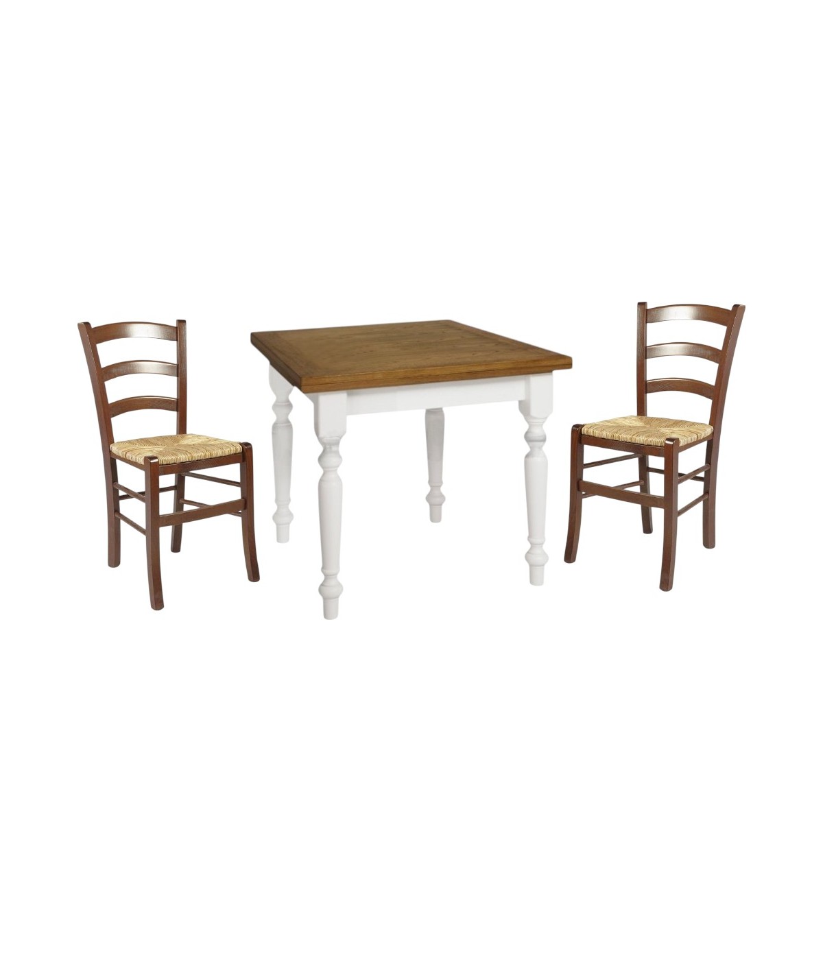 Set tavolo quadrato shabby gamba tornita 90x90 100x100 allungabile con 4/6 sedie seduta paglia VISTA FRONTALE