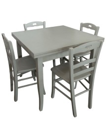 Set tavolo quadrato shabby grigio anticato 90x90 100x100 allungabile con 4 sedie seduta legno VISTA FRONTALE