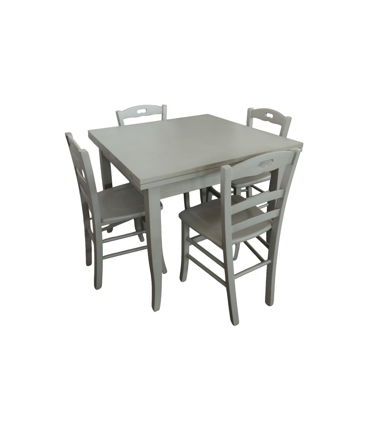 Set tavolo quadrato shabby grigio anticato 90x90 100x100 allungabile con 4 sedie seduta legno VISTA FRONTALE