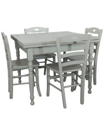 Set tavolo quadrato shabby grigio anticato tornito 90x90 100x100 allungabile con 4 sedie seduta legno vista frontale