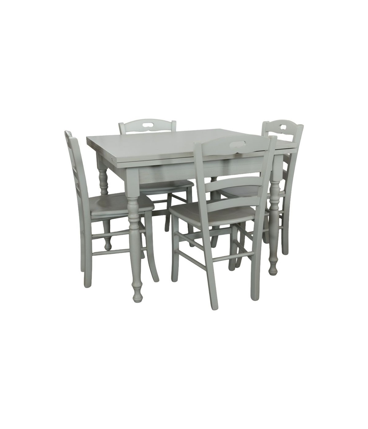 Set tavolo quadrato shabby grigio anticato tornito 90x90 100x100 allungabile con 4 sedie seduta legno vista frontale