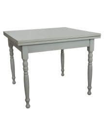 Set tavolo quadrato shabby grigio anticato tornito 90x90 100x100 allungabile con 4 sedie seduta legno vista frontale