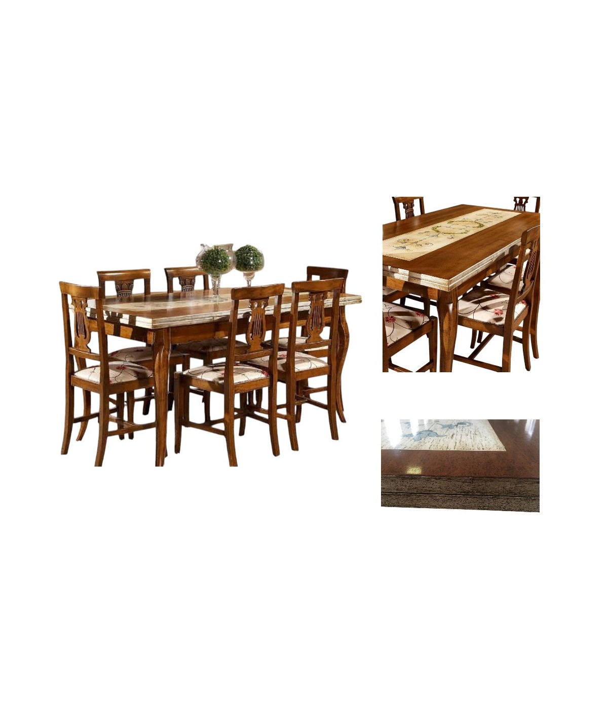 MOBILI 2G - Set tavolo provenzale dipinto 160x85 allungabile con 6 sedie seduta imbottita vista frontale