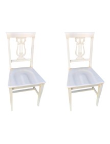 Set 2 sedie a lira legno shabby bianco/bianco invecchiato con seduta legno