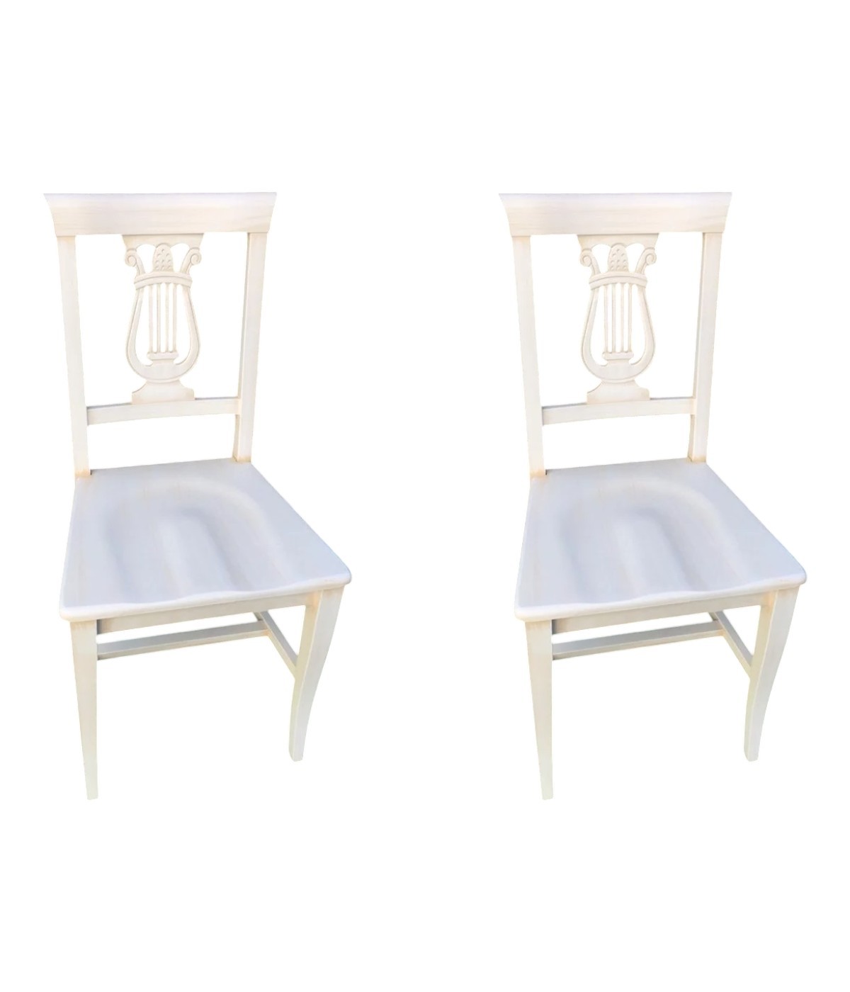 Set 2 sedie a lira legno shabby bianco/bianco invecchiato con seduta legno