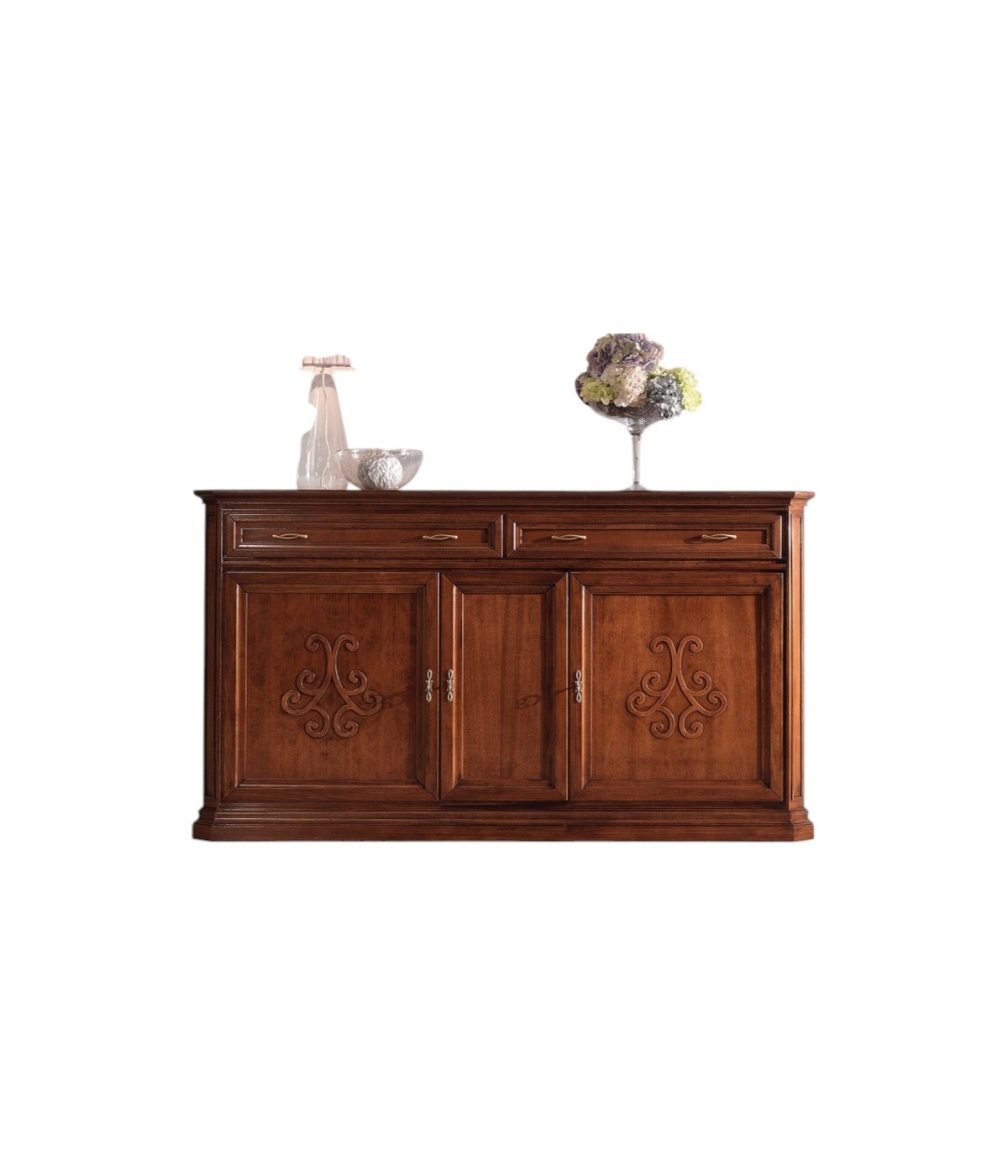 Credenza classica 3 porte 2 cassetti legno noce bassano rilievo 196X50X110 vista frontale