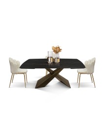 Tavolo moderno allungabile nero effetto marmo gambe bronzo 160x90x76 180x90x76 vista frontale