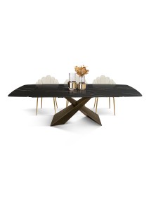Tavolo moderno allungabile nero effetto marmo gambe bronzo 160x90x76 180x90x76 vista frontale