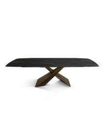 Tavolo moderno allungabile nero effetto marmo gambe bronzo 160x90x76 180x90x76 vista frontale