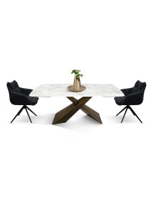 Tavolo moderno allungabile bianco effetto marmo gambe bronzo 160x90x76 180x90x76 vista frontale