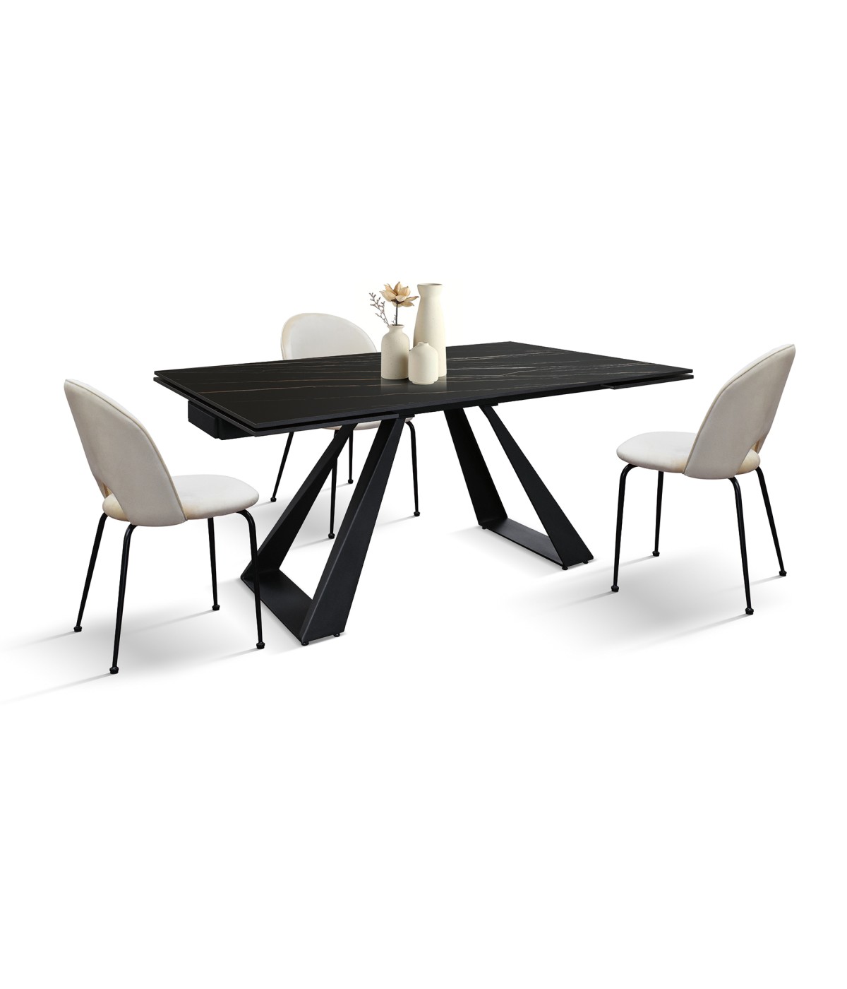 Tavolo moderno allungabile nero effetto marmo gambe nere 160x90x76 vista frontale