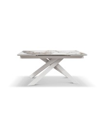 Tavolo moderno allungabile bianco effetto marmo gambe bianche 160x90x76 vista frontale