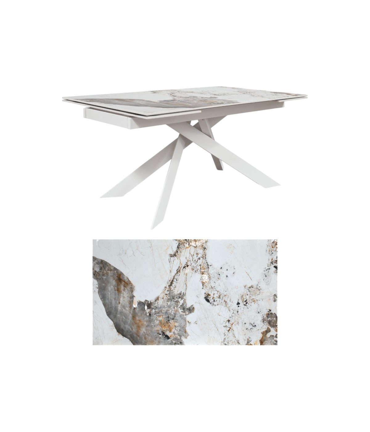 Tavolo moderno allungabile bianco effetto marmo gambe bianche 160x90x76 vista frontale