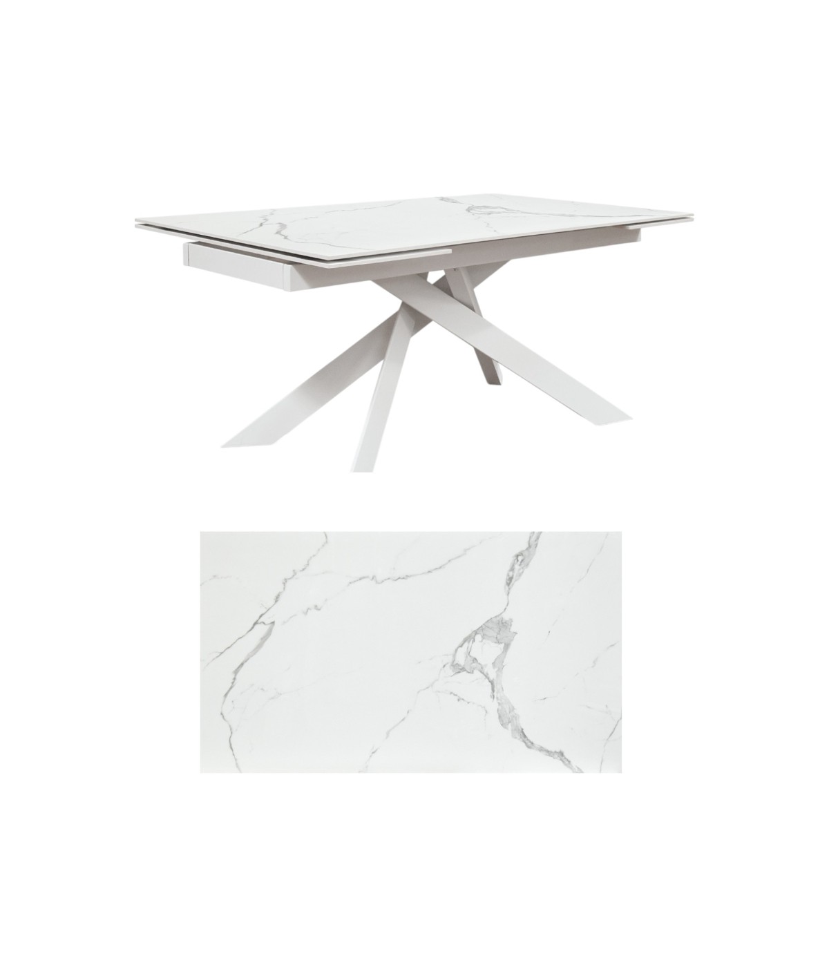 Tavolo moderno allungabile bianco effetto marmo gambe bianche 160x90x76 vista frontale