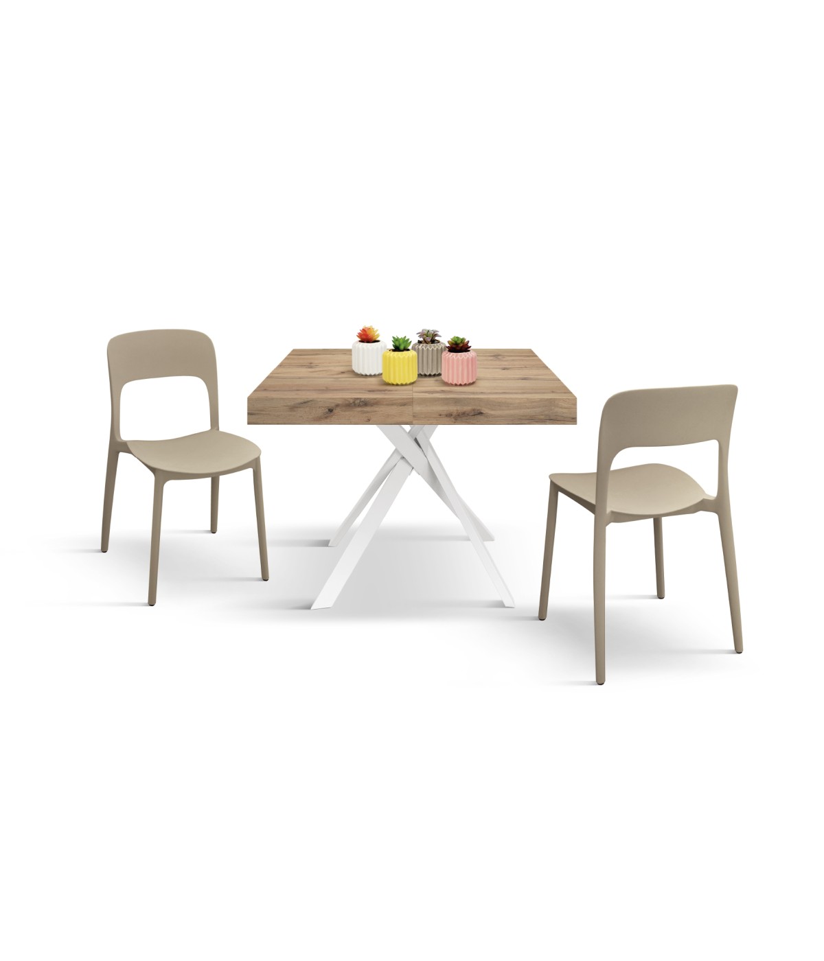 Tavolo rettangolare moderno allungabile piano rovere rustico gambe bianche 95x90x75,5 vista frontale